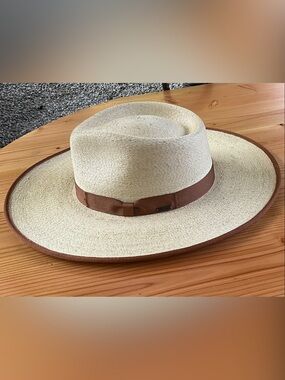 Brixton Natural Straw Wide-Brim Hat with Brown Trim